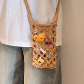 夏威夷猫咪斜挎包手工编织包夏A日度假出门遛弯小众镂空斜挎手机