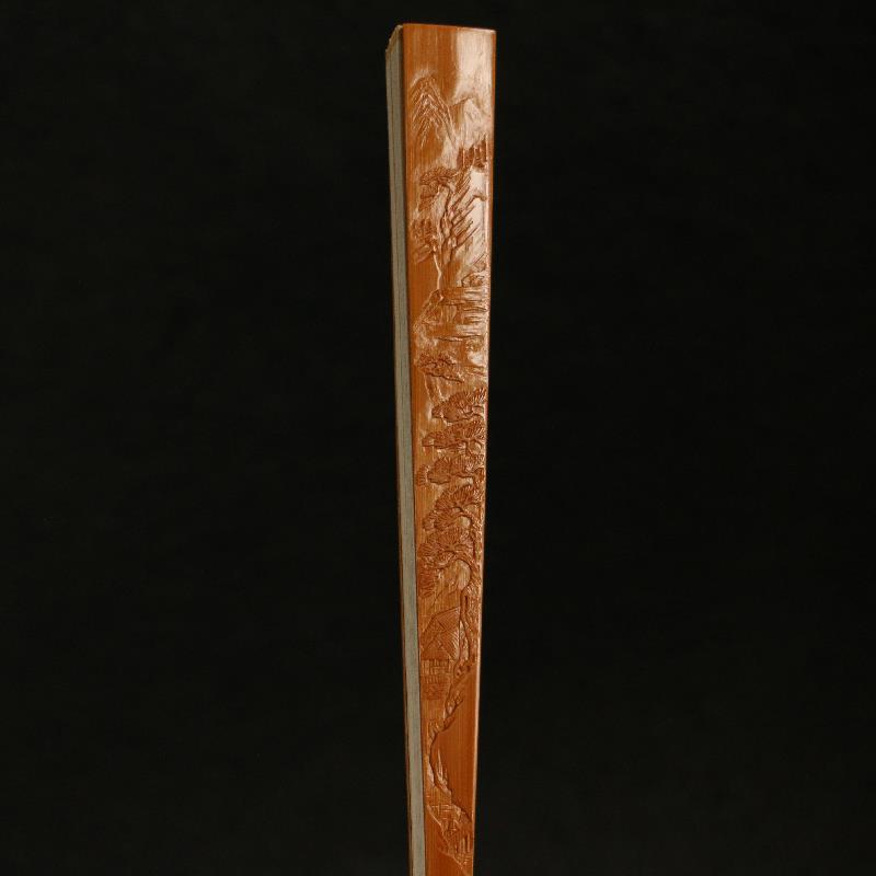 王伟本工老玉竹精工扇骨东阳名家向平本工浅浮雕山水竹雕文人折扇