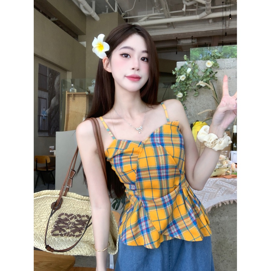 多巴胺黄色格纹小吊带背心女夏季韩系纯欲气质收腰不规则抹胸上衣