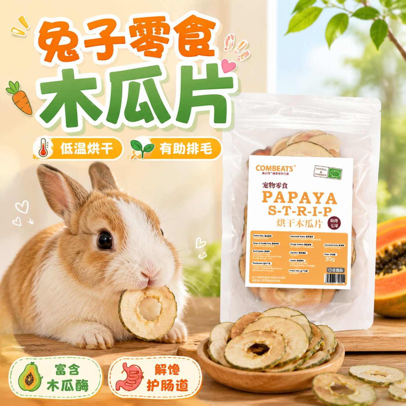 兔子零食低温烘干木瓜片兔兔专用磨牙棒龙猫豚鼠荷兰猪助排毛护肠