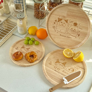 Bubble猫圆形托盘木质餐用托盘卡通图案厨房餐具橡胶木托盘披萨盘
