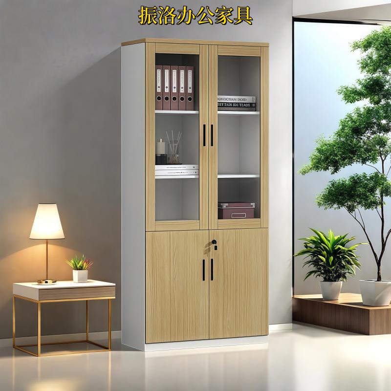 办公室木制文件柜带锁档案资料柜简约带门玻璃书柜落地收纳储物柜