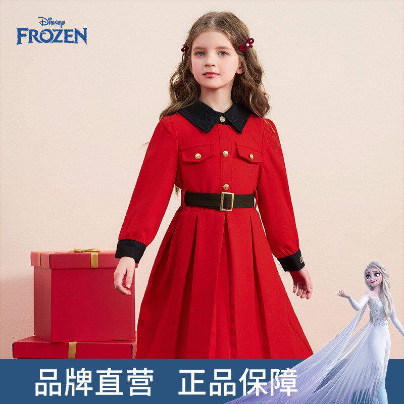 迪士尼女童连衣裙2026新品儿童加绒保暖收腰翻领中长款公主裙子