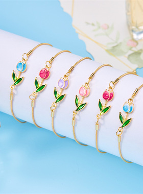 欧美新款女式气质花朵滴油郁金香手链百搭优雅龙虾扣链条手饰