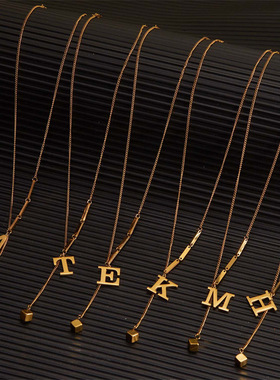 欧美新款方块不锈钢字母项链女钛钢流苏长款大写字母吊坠饰品