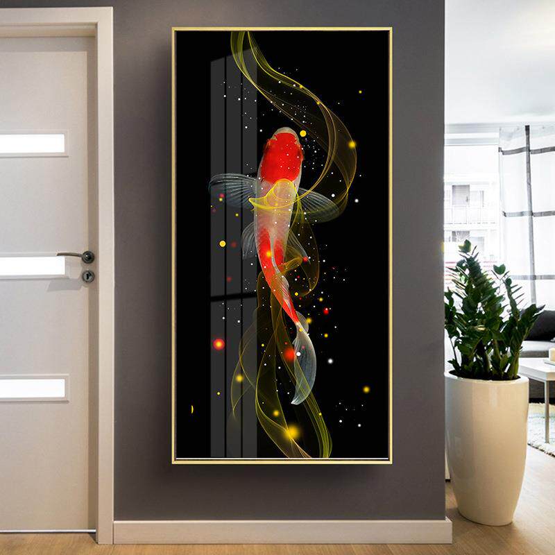 新中式轻奢挂画竖版玄关装饰画荷花鱼图锦鲤鱼壁画走廊过道墙壁画