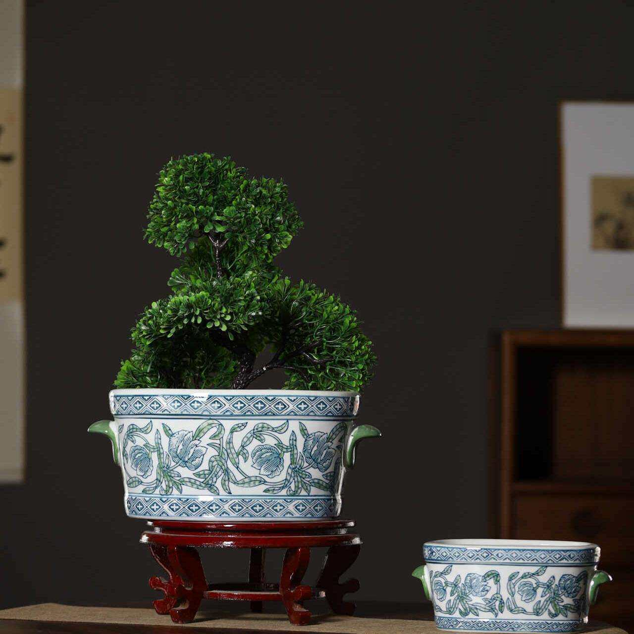 景德镇陶瓷花盆青花瓷椭圆双耳种树花盆鱼缸兰花绿植种花造景摆件