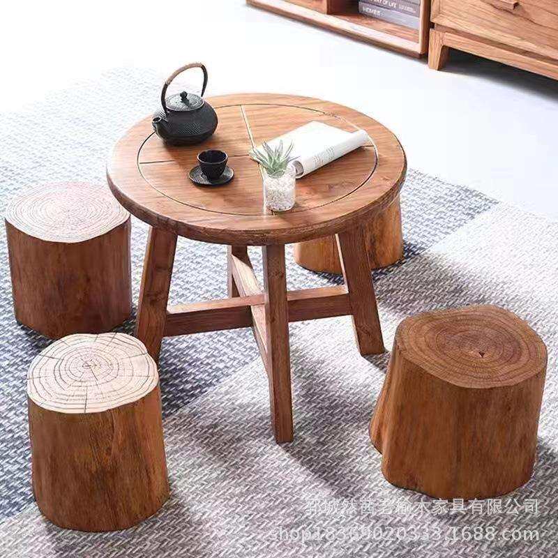 新款老榆木小茶桌商用圆形咖啡桌实木餐桌椅家用小茶几阳台喝茶桌