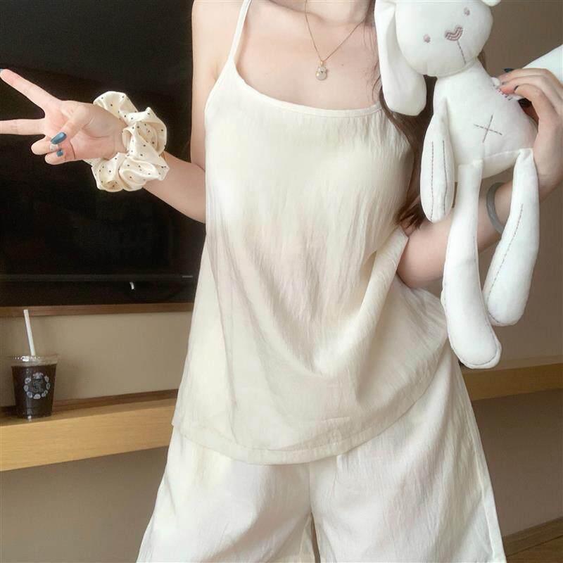纯色吊带两件套夏季女款绵绸睡衣2026新款夏简约纯欲带胸垫家居服