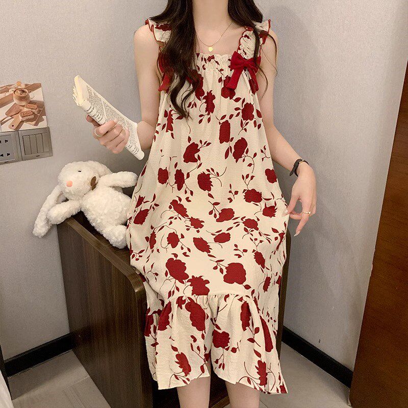带胸垫吊带睡裙女款夏2024新款季梭织棉宽松孕妇裙夏天睡衣家居服
