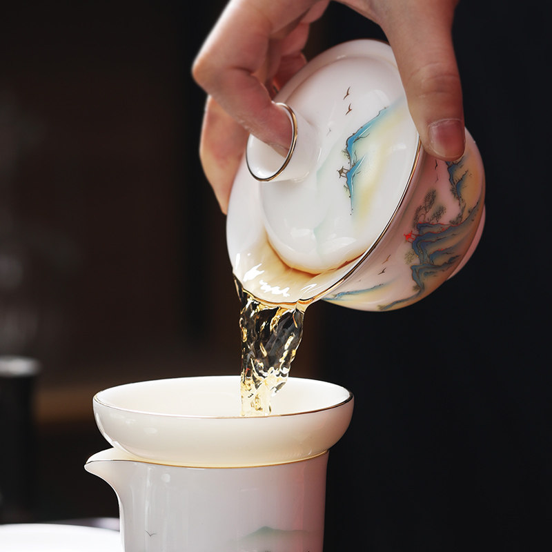 茶具套组家用陶瓷整套功夫中式羊脂玉白瓷玻璃紫砂盖碗茶壶茶杯器