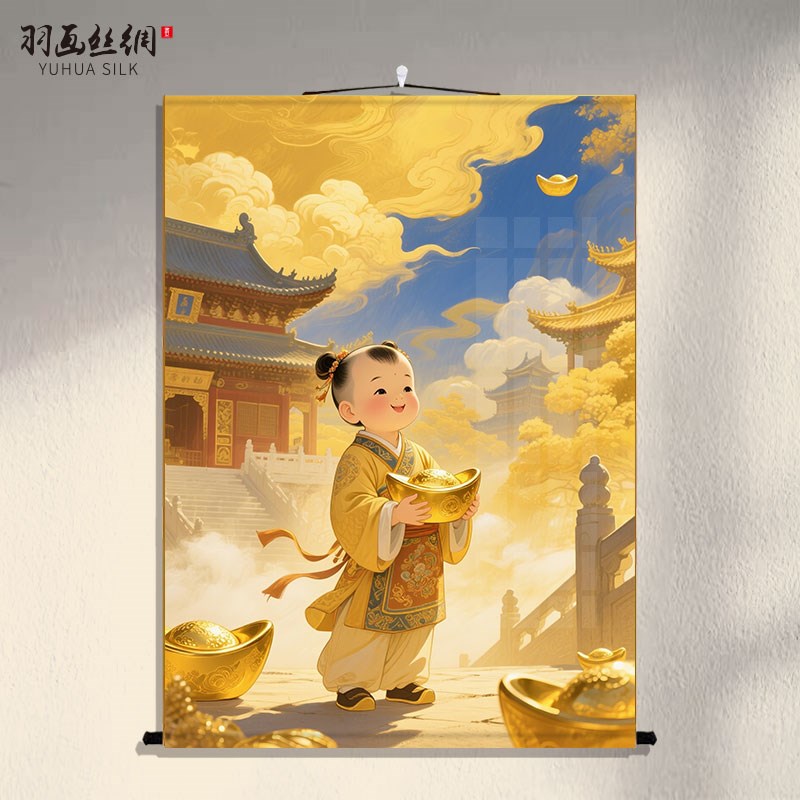 善财童子画像挂画财神爷画像客厅玄关装饰字画财神爷像背景墙卷轴