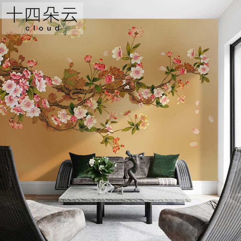 中式富贵海棠背景墙卧室壁画客厅装饰墙布复古花鸟壁纸电视墙壁布