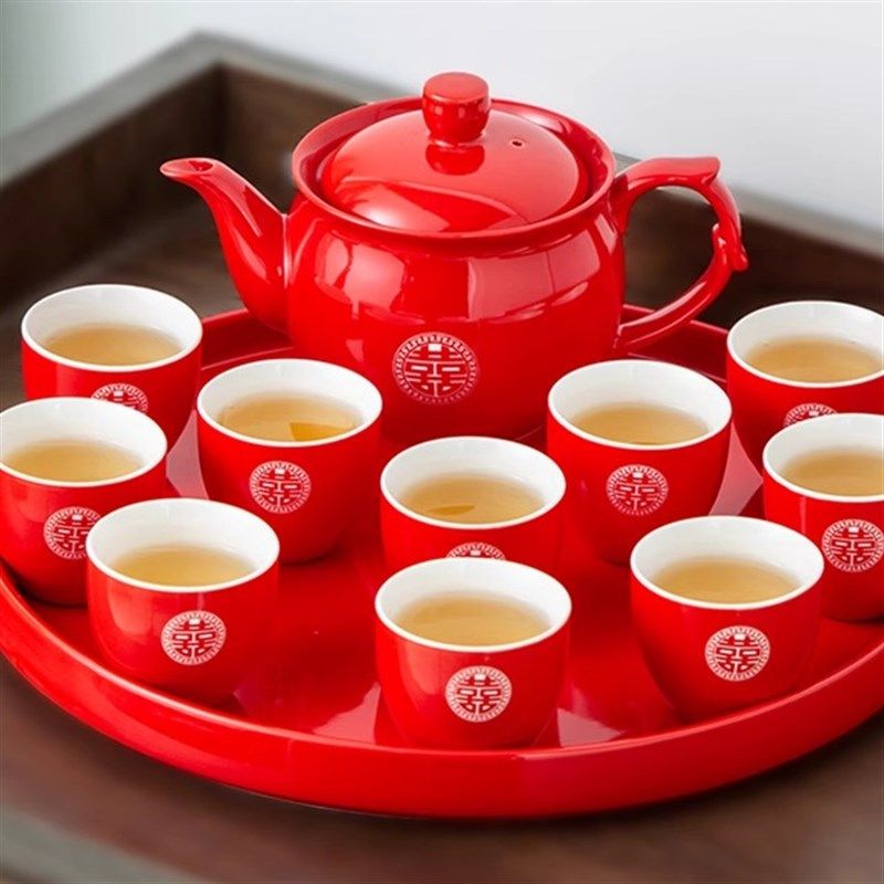 结婚茶具套装敬茶杯陶瓷盘红色大号茶壶改口茶杯婚庆送礼陪嫁套装