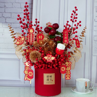 春节装饰布置元旦过年摆件红果仿真花发财果冬青福桶插花新年礼物