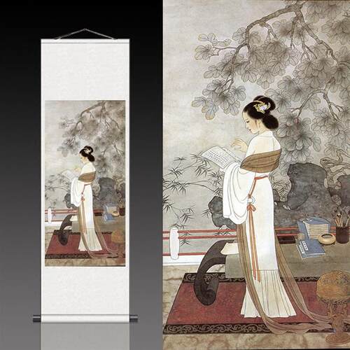 古卷轴定制丝绸壁画丝绸国画卷轴画仕女读书学院办公室装饰挂画