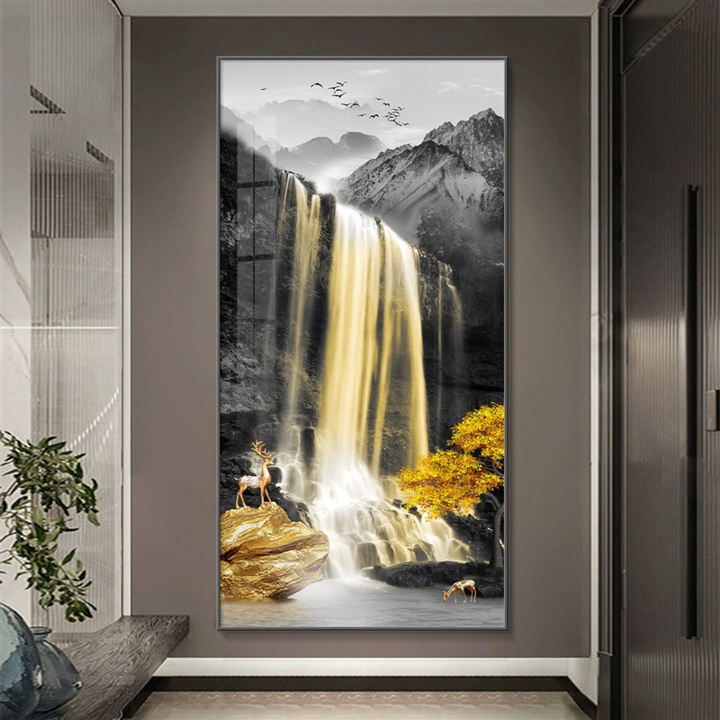 轻奢水晶镶钻瓷,山流水,富贵入口装饰画,聚宝盆风光,山水,客厅走
