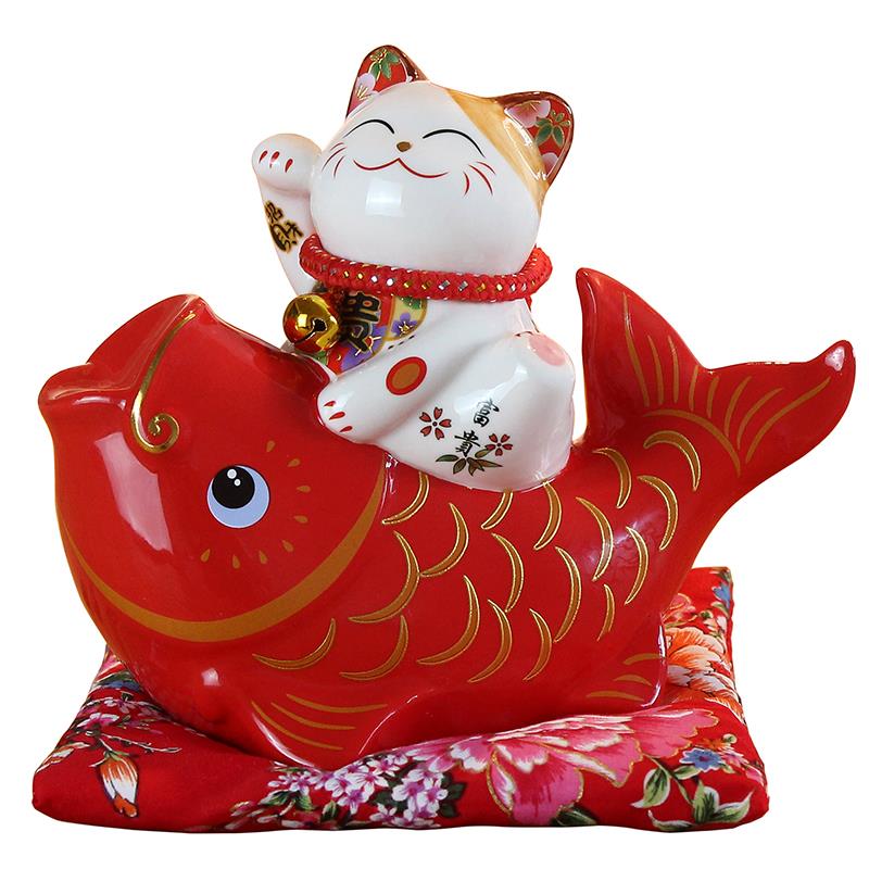 招财猫陶瓷家居桌面锦鲤鱼摆件创意发财猫小号存钱罐店铺装饰礼品