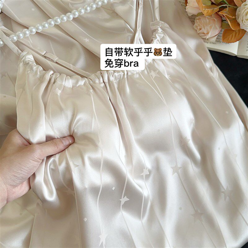 夏季高级条纹印花女款冰丝吊带睡裙2026新款带胸垫家居服睡衣夏款