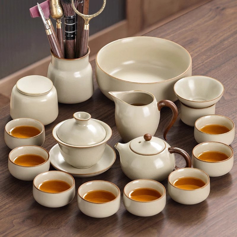 汝窑功夫茶具套装2025新款喝茶家用泡茶茶杯子套装陶瓷盖碗茶壶