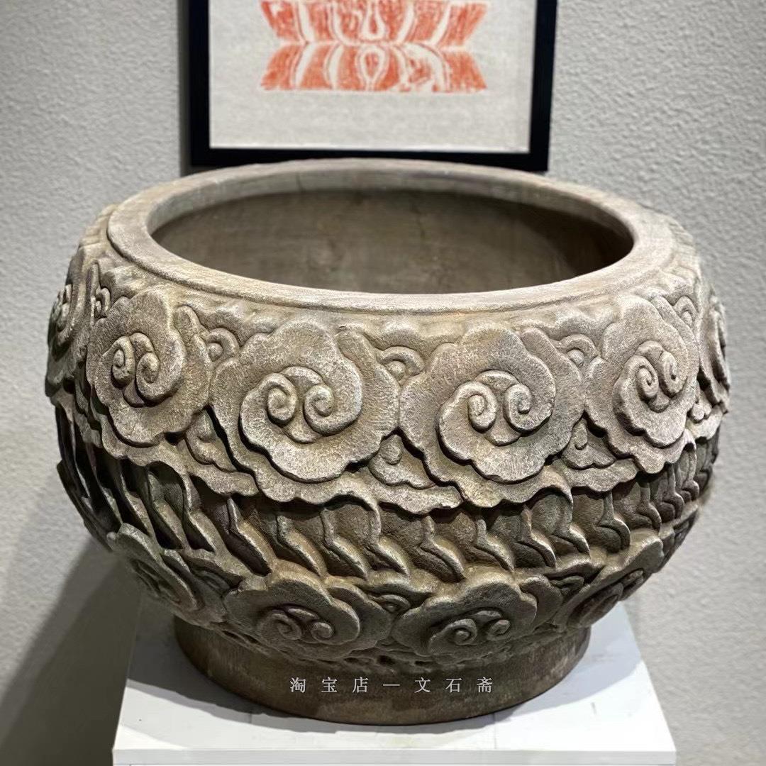 仿古做旧石雕青石鱼缸花盆老石盆养鱼种花门海大水缸庭院花园摆件