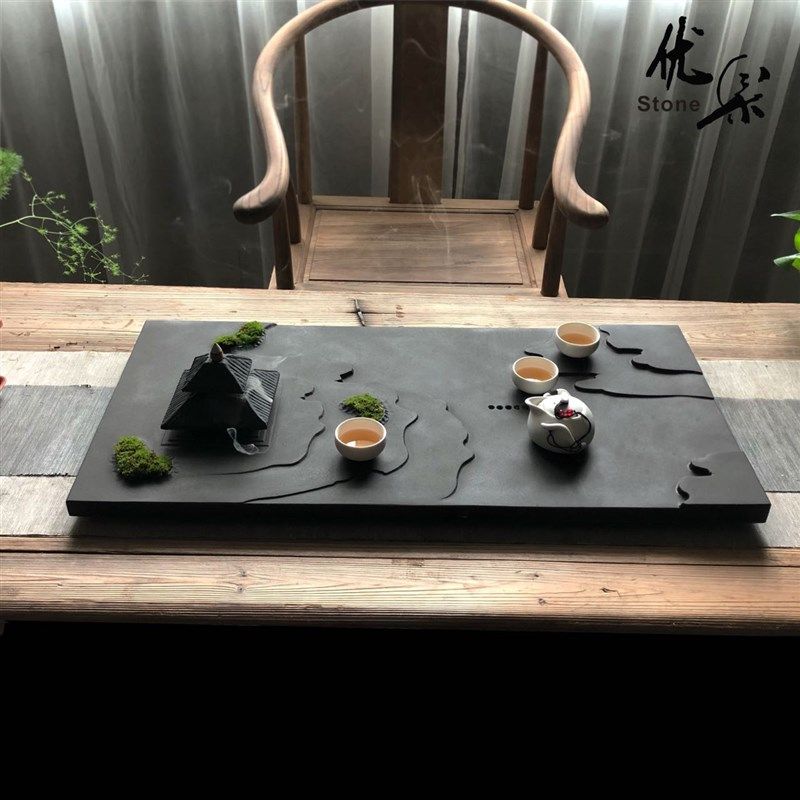 天然乌金石茶盘排水茶台倒流香茶海中式干泡台黑曜石茶托艺术茶盘