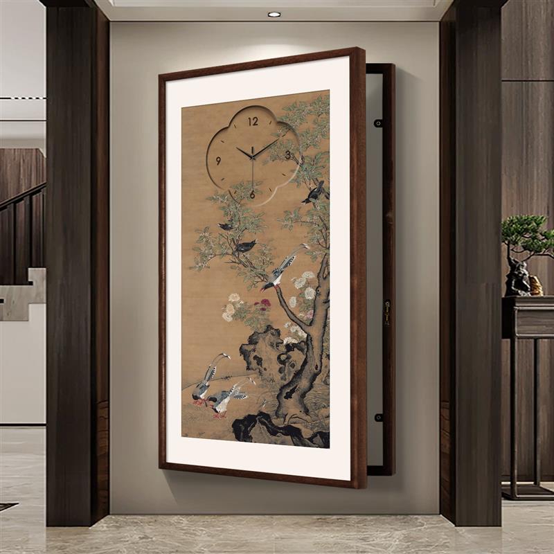 喜上眉梢实木电表箱装饰画带钟表竖版花鸟遮挡玄关配电箱总闸挂画