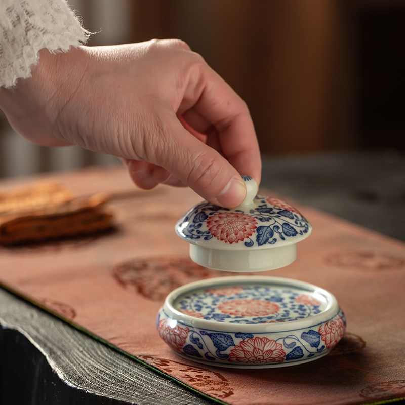景德镇青花红缠枝莲盖置陶瓷杯垫小紫砂壶盖托壶承家用茶道零配件