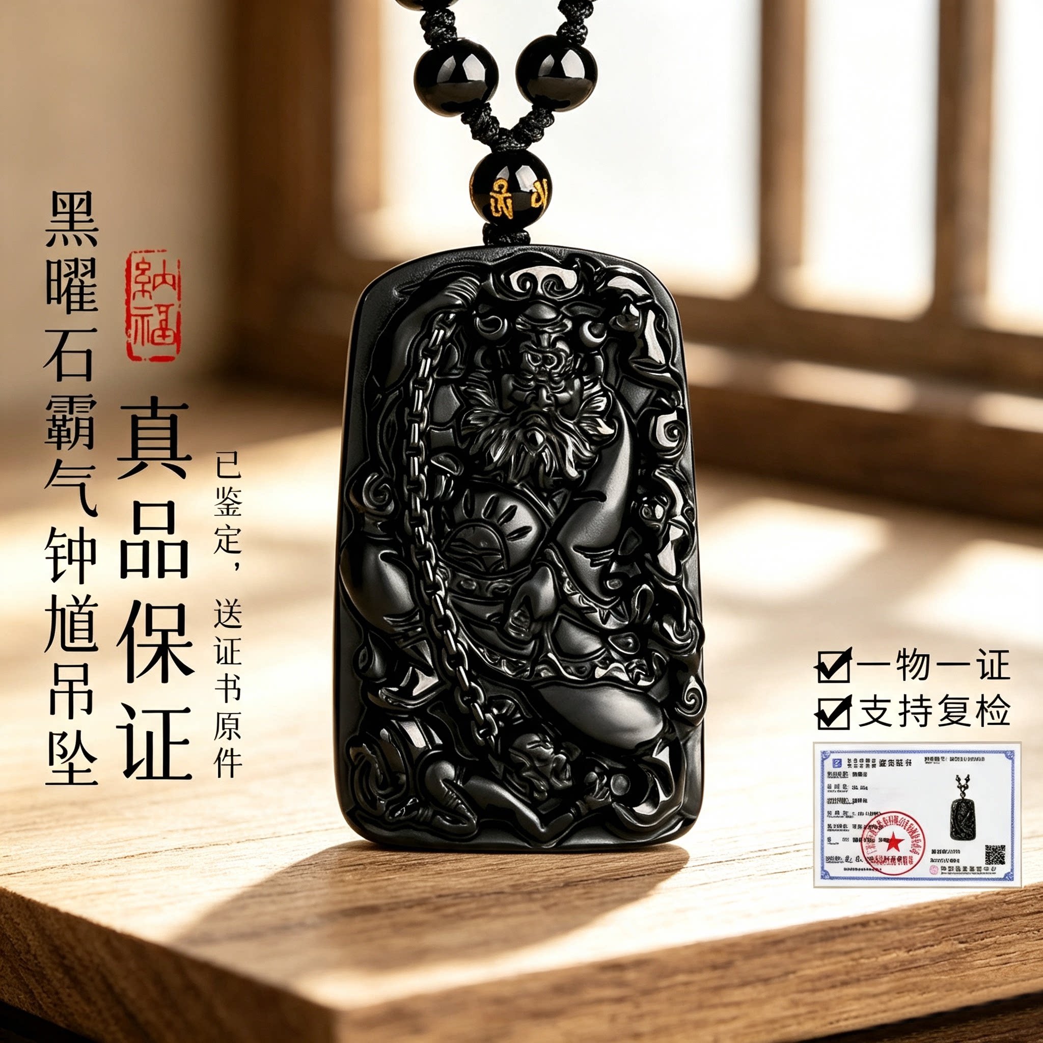 天然乌金黑曜石钟馗吊坠本命年