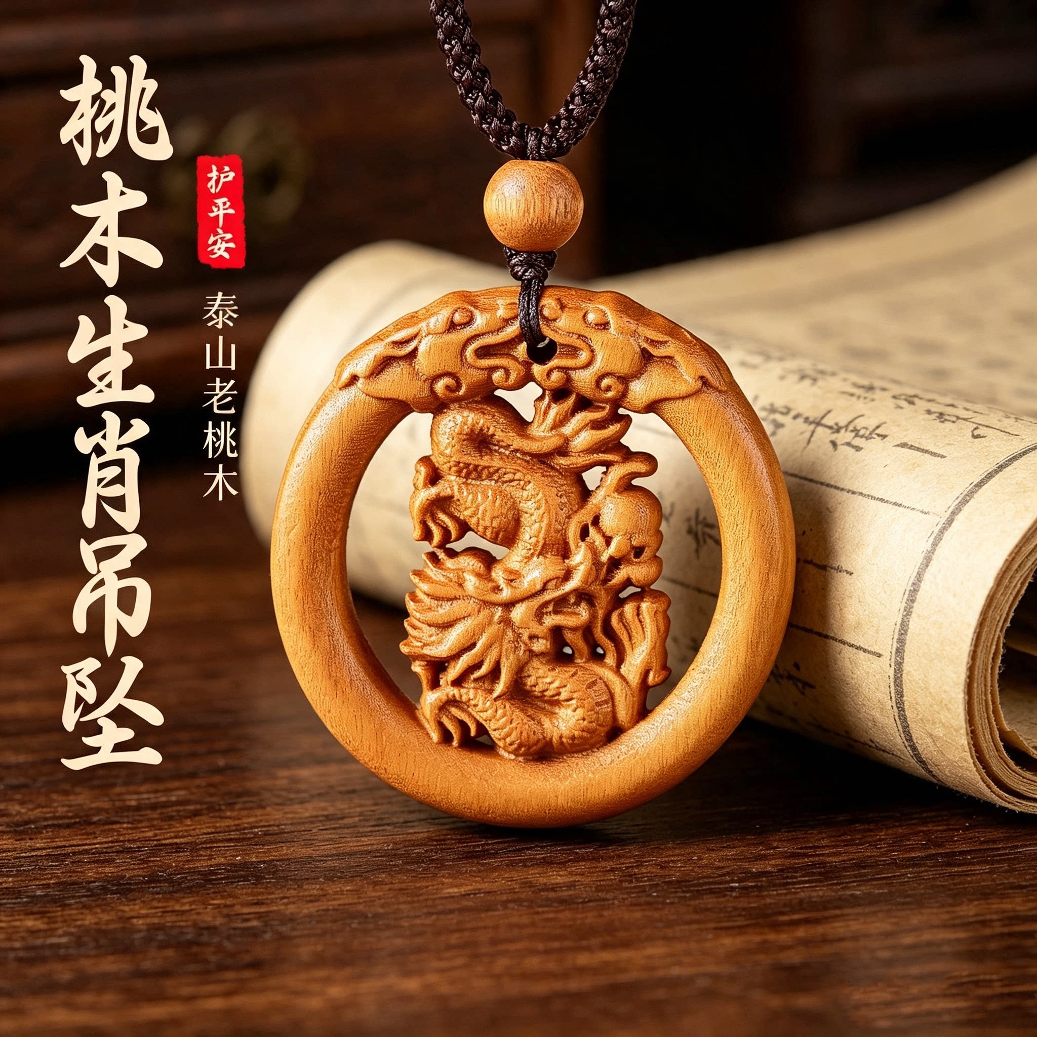 天然老桃木生肖本命年转运吊坠