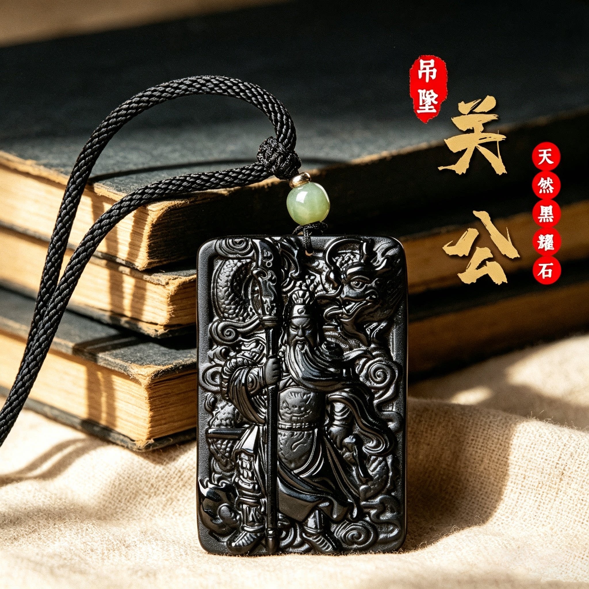 天然黑曜石关公吊坠本命年招财