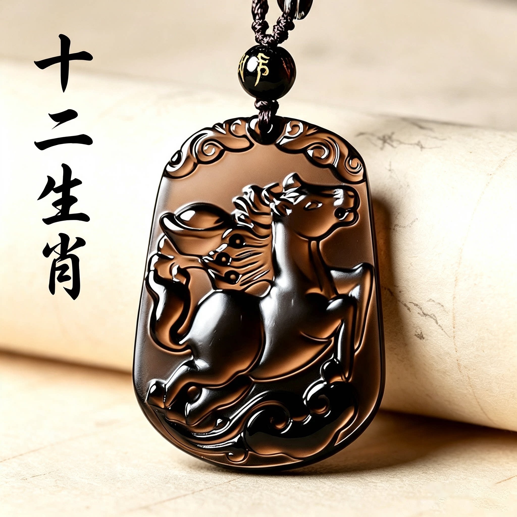 天然黑曜石生肖马本命年转运吊坠