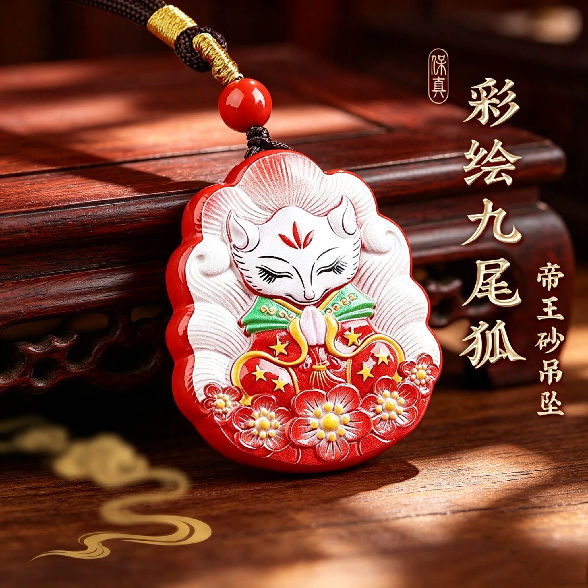 朱砂九尾狐本命年招桃花转运吊坠