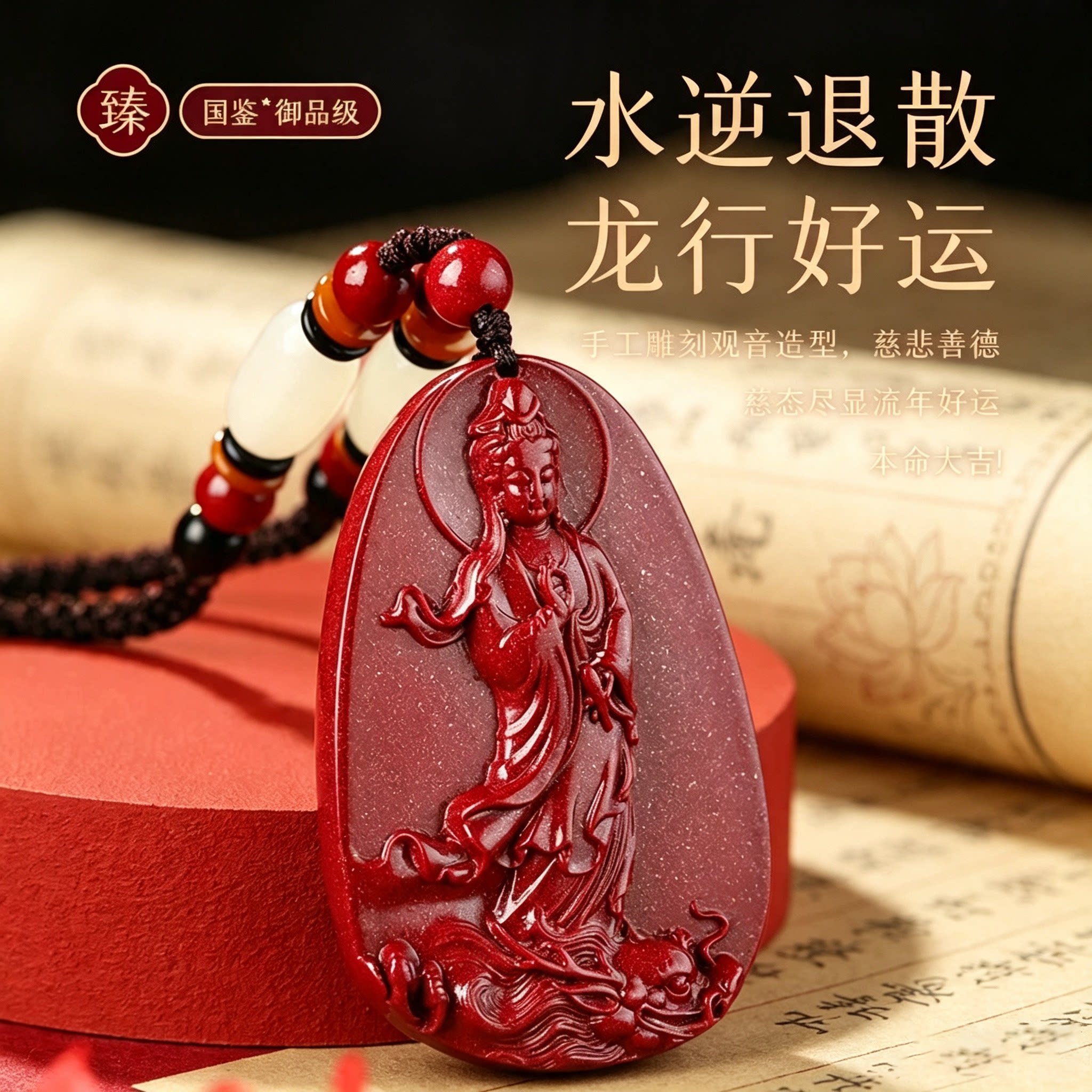 天然朱砂乘龙观音本命年护身吊坠