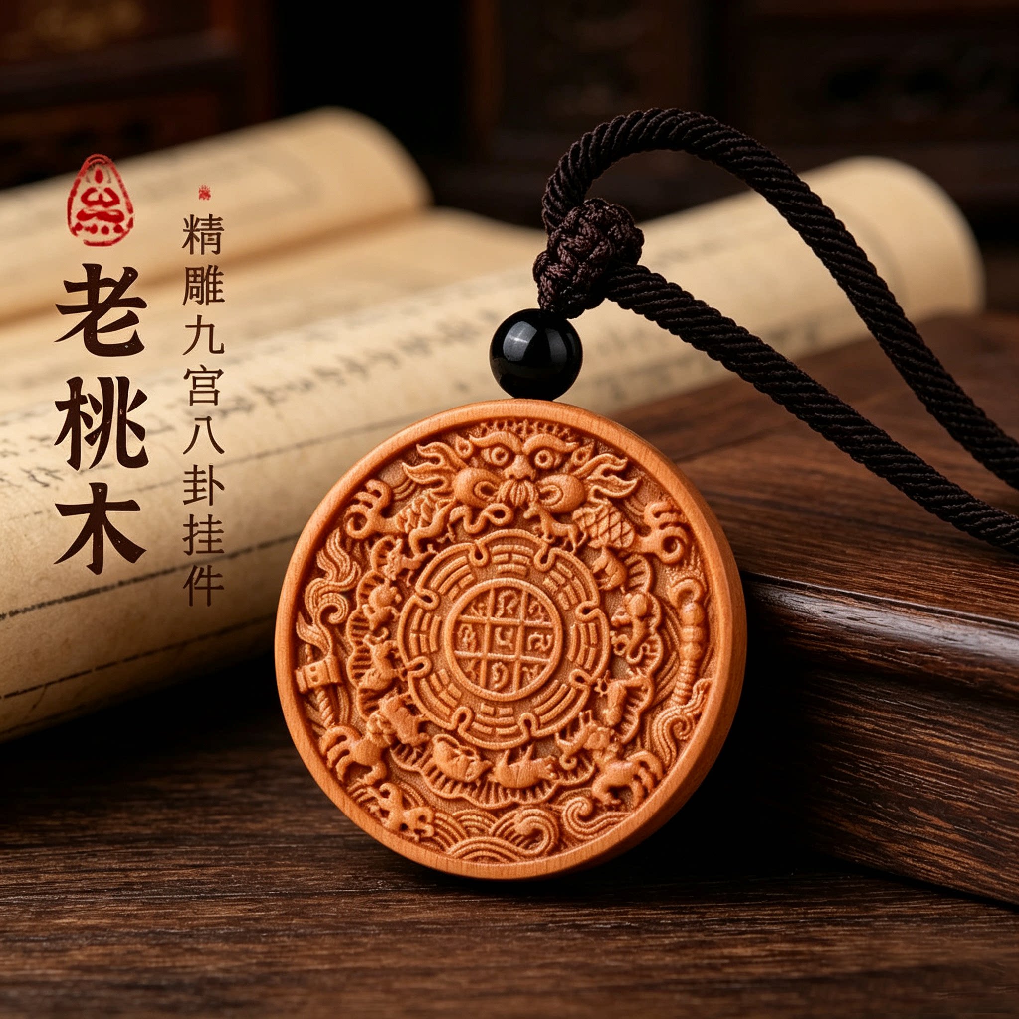天然老桃木九宫八卦本命年吊坠