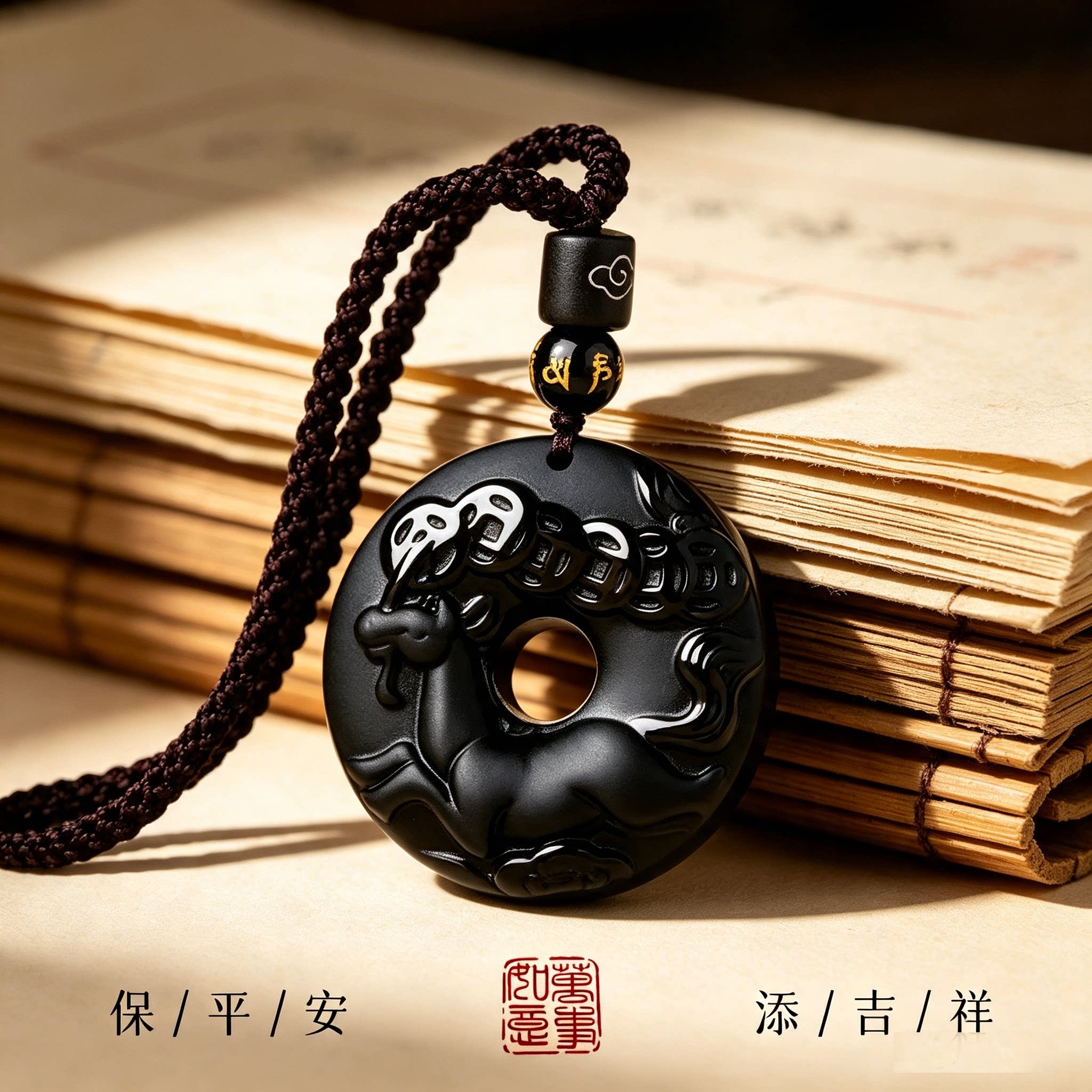 天然黑曜石生肖平安扣本命年吊坠