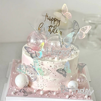 网红唯美女神生日蛋糕装饰生日快乐水钻插牌立体蝴蝶幻彩蝴蝶插件