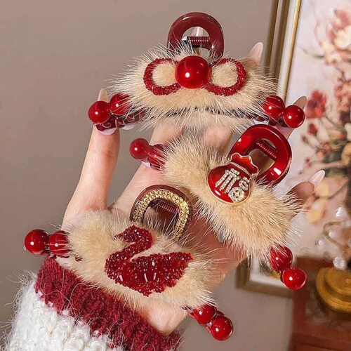 超仙红色毛绒抓夹女新年喜庆氛围感发抓后脑勺盘发鲨鱼夹子头饰