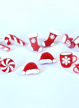 圣诞节温馨可爱红色闪粉圣诞帽子袜子手套糖果棒雪花杯子耳钉
