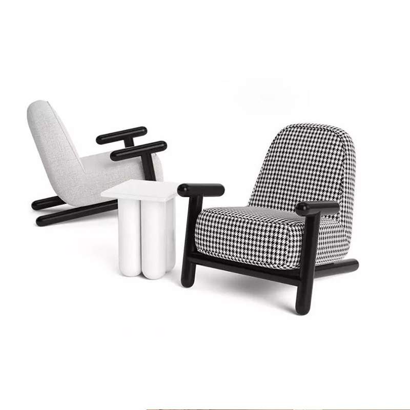 意大利式风格白蜡实木千鸟格布艺休闲椅单人沙发设计师家具产品