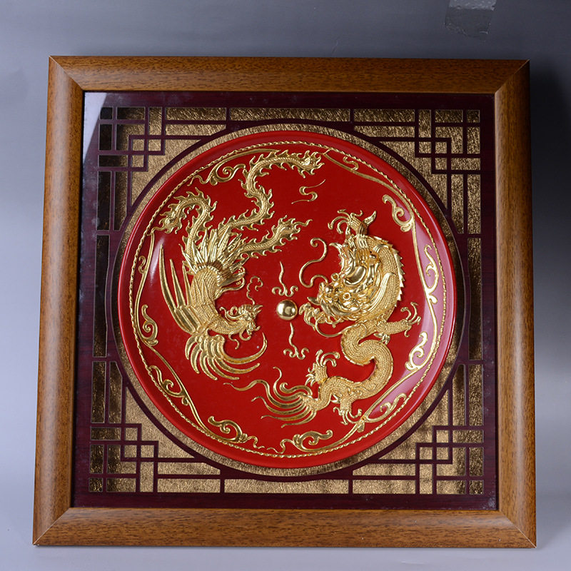 中国红漆线雕龙凤红盘陶瓷挂盘装饰墙壁创意家居客厅工艺品摆件