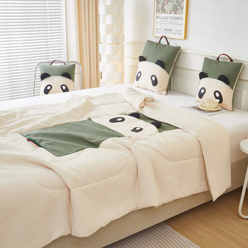 2024新款手提款帆布面料卡通绣花抱枕被多功能熊猫抱枕靠垫休闲卡