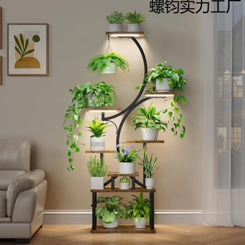 花架带植物灯室内植物架多层阳台客厅田园落地式铁艺花盆架带灯