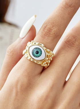 欧美饰品个性土耳其纹路蓝眼睛戒指恶魔之眼开口可调节指环