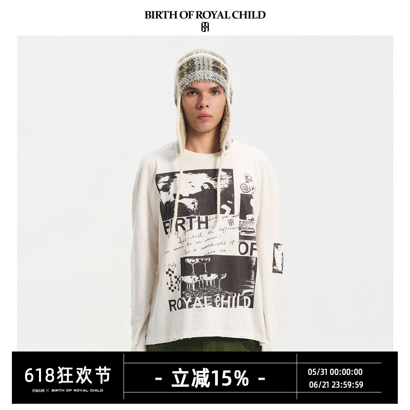 BIRTH OF ROYAL CHILD.BORC 【张峻豪同款】海报贴布长袖T恤做旧
