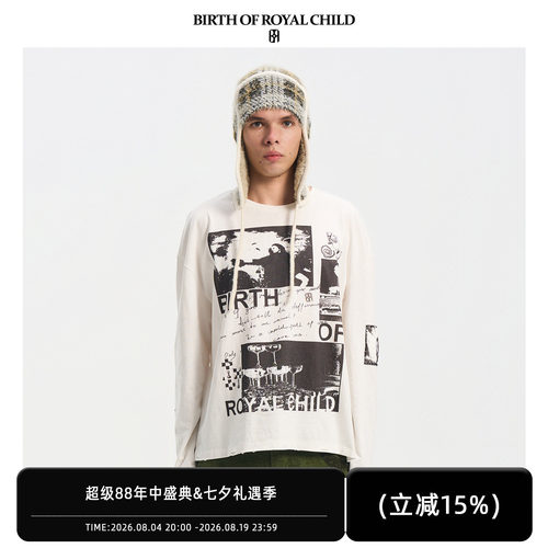 BIRTH OF ROYAL CHILD.BORC 【云旗同款】海报贴布长袖T恤做旧