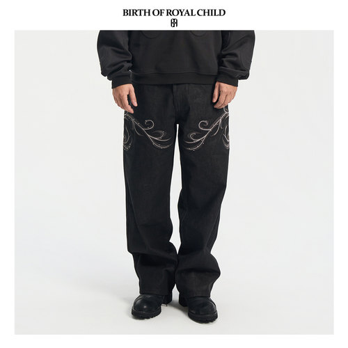 BIRTH OF ROYAL CHILD.BORC 藤蔓拼皮牛仔裤腰果花暗纹立体刺绣