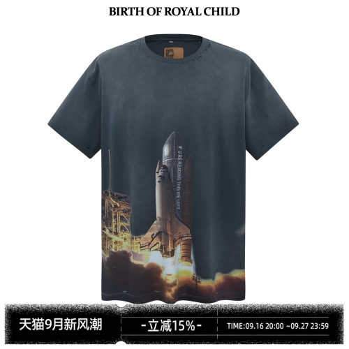 BIRTH OF ROYAL CHILD.BORC 火箭印花TEE水洗短袖男破坏做旧T恤