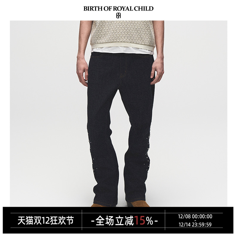 BIRTH OF ROYAL CHILD.BORC  原牛色绣花珍珠微喇长裤男复古长裤