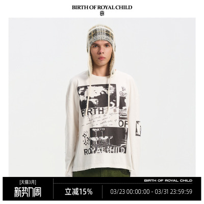 BIRTH OF ROYAL CHILD.BORC 【张峻豪同款】海报贴布长T沙洗做旧